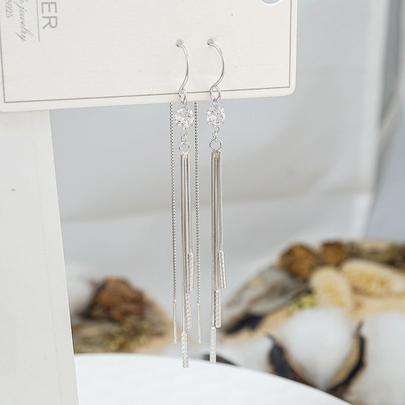 S925 Long Face Slim Tassel Earrings