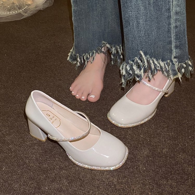 New Women's Block Heel Pumps, Mid Heel Fairy Style Rhinestone Mary Jane Shoes For Dresses