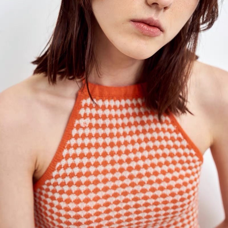 Ladies Sleeveless Knitted Check Lace Vest Camisole Top