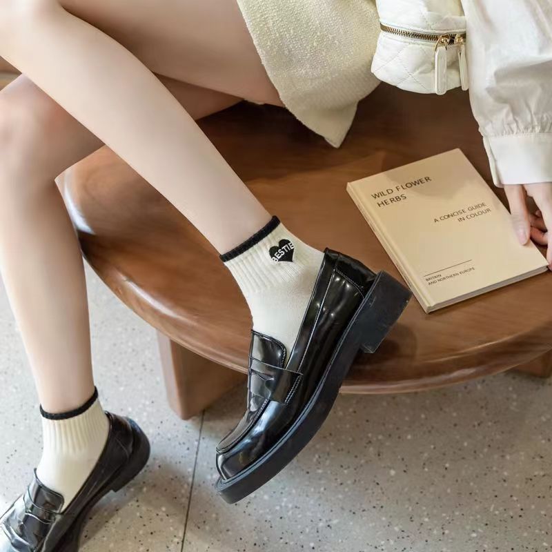 Vintage Black & White Ribbed Socks With Embroidered Designs, Soft Cotton Mid-Calf Socks, Aesthetic Socks For Sneakers & School Outfits