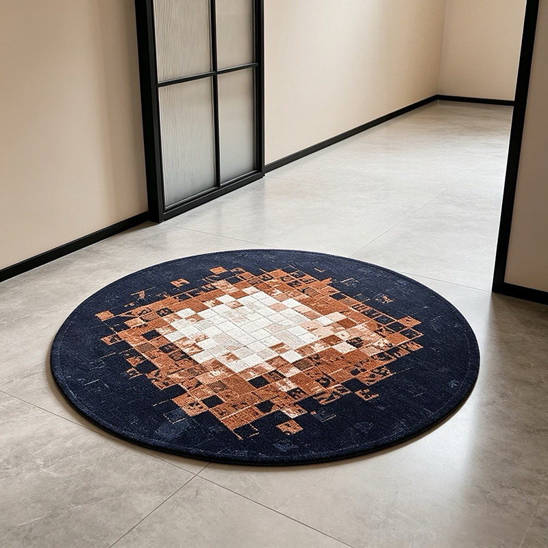 1pc Modern Ethnic Style Round Carpet, Distressed Mosaic Geometric Block Pattern, Suitable For Living Rooms And