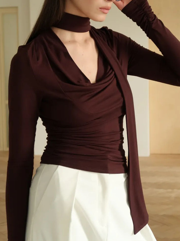 Ribbon V-neck Scarf Long-sleeved Base Shirt - Image 4
