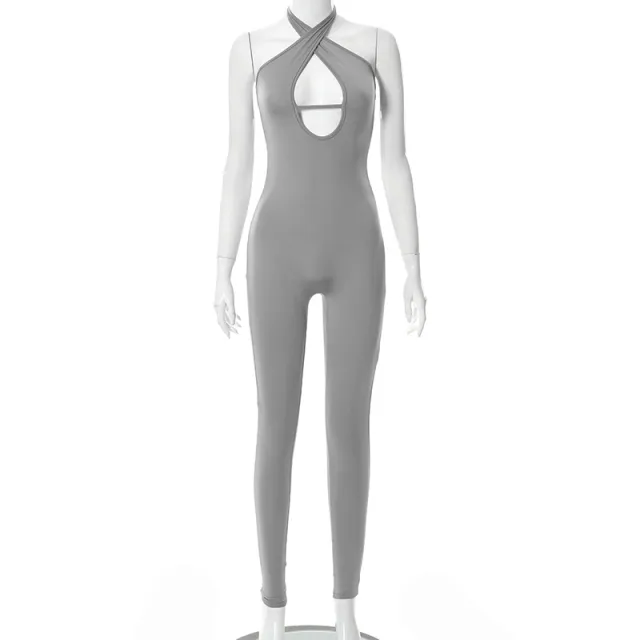 Women's Backless Halterneck Sleeveless Hip Lift Sports Jumpsuit Grey - Shop at LoveMi