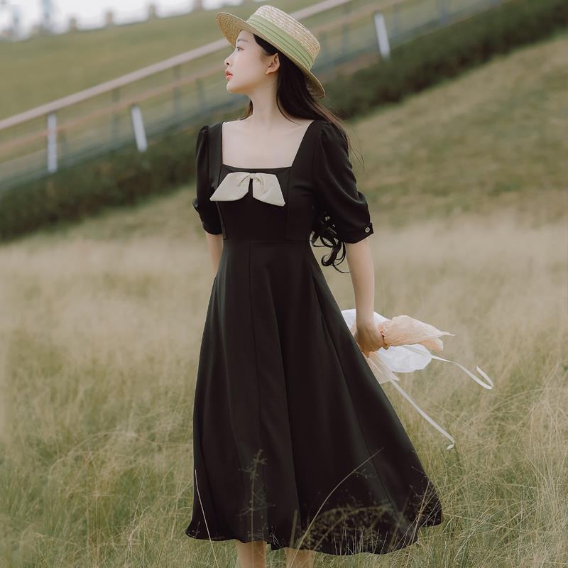 French Retro Square Neck Niche Bow Dress