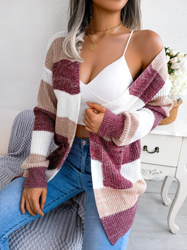 Plaid Sweater Women Casual Lantern Sleeves Cardigan Jacket Outerwear Clothes Red - Shop at LoveMi