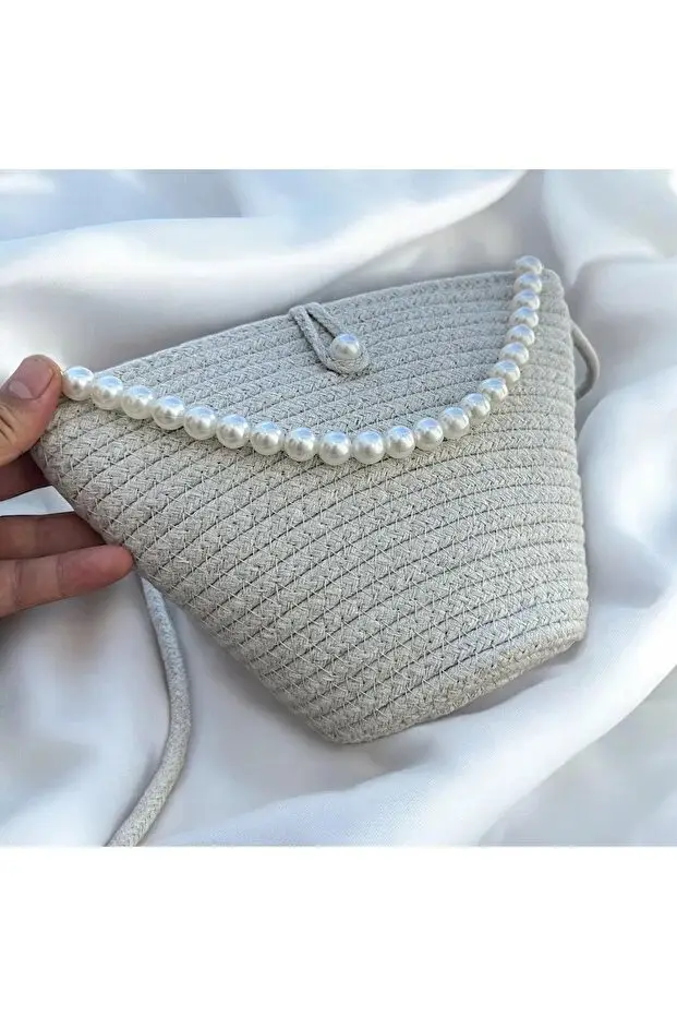 Women Beige Pearl Design Classic Shoulder Bag Elegant Daily Handbag