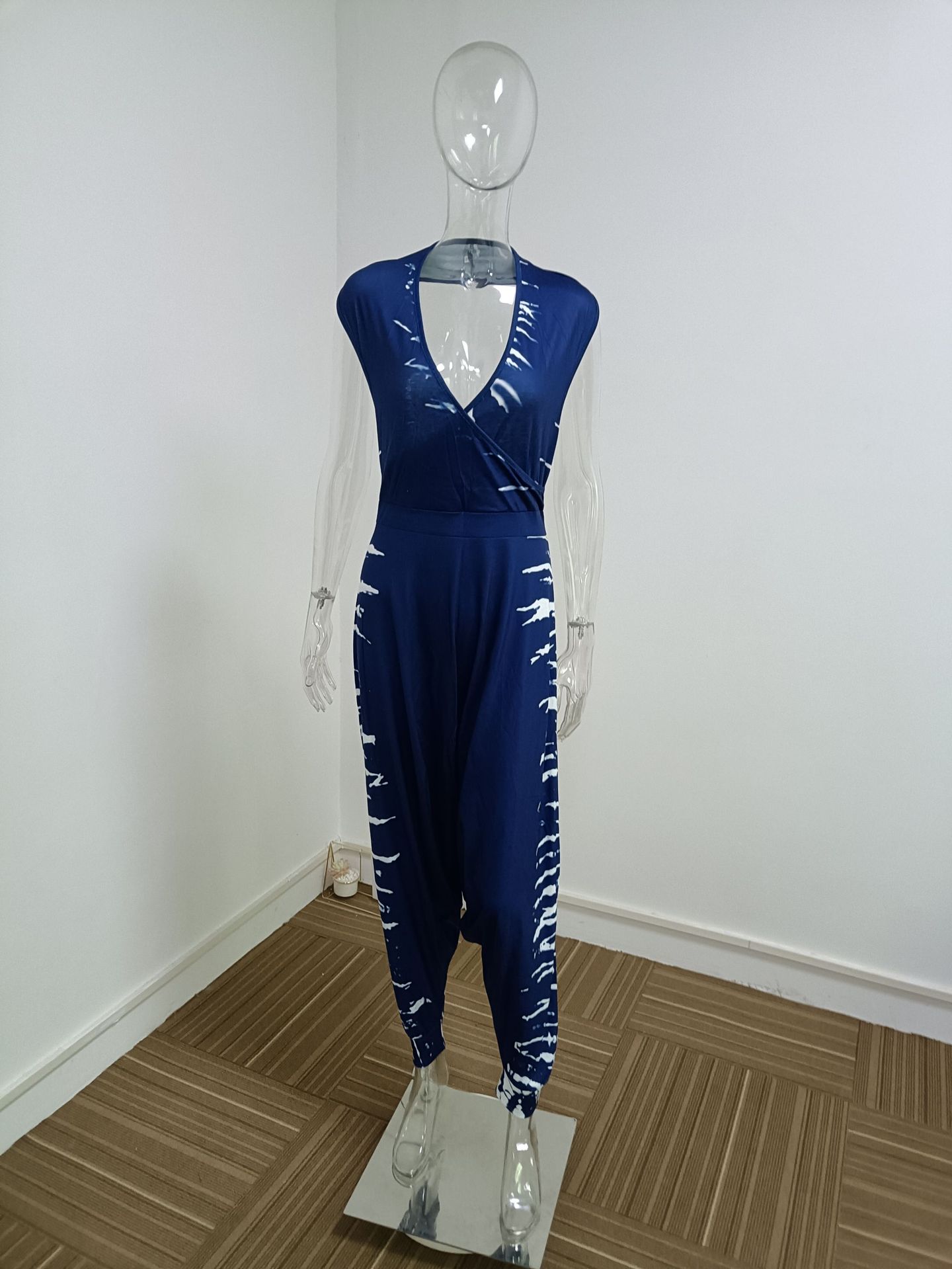 Jumpsuit Knitted Printed Sexy Low Cut Navy - Shop at LoveMi