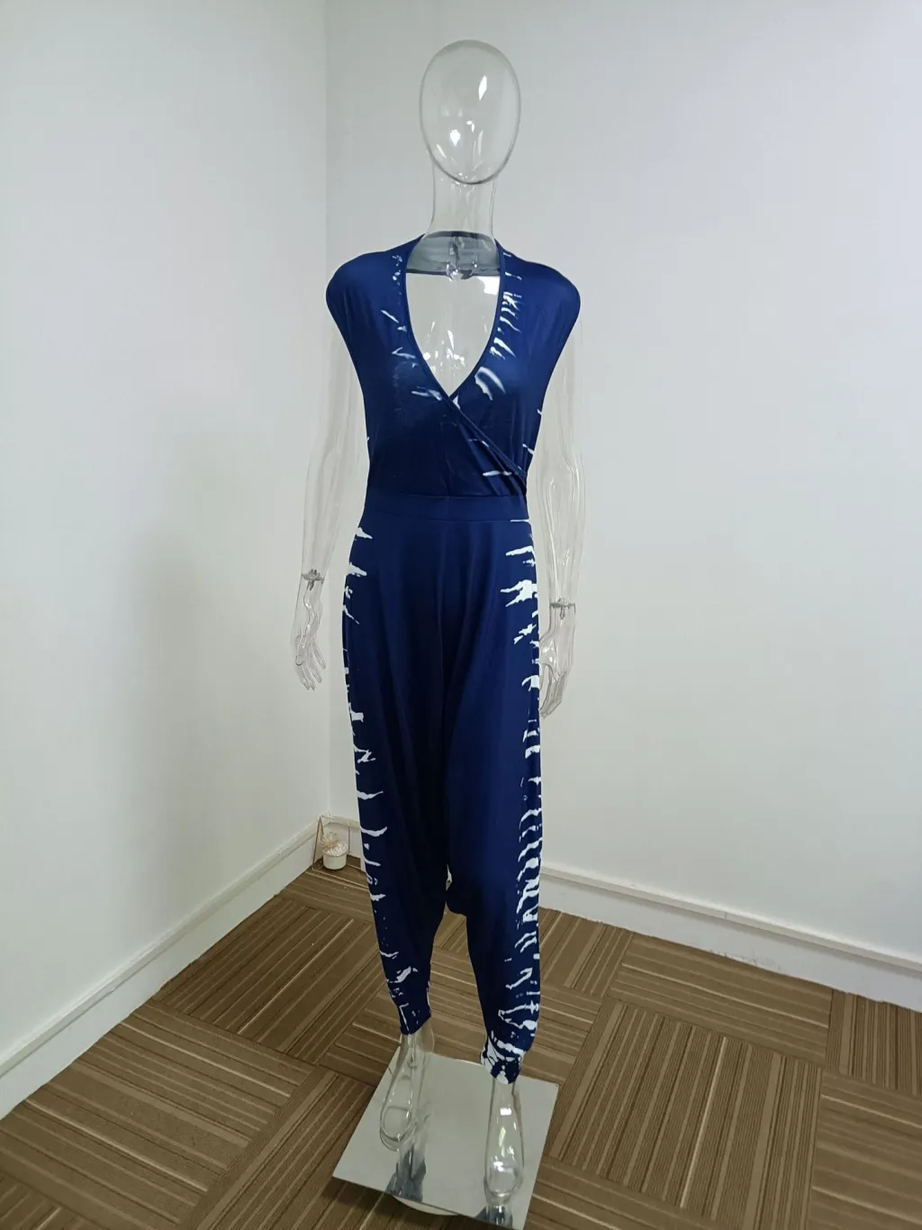 Jumpsuit Knitted Printed Sexy Low Cut - Navy