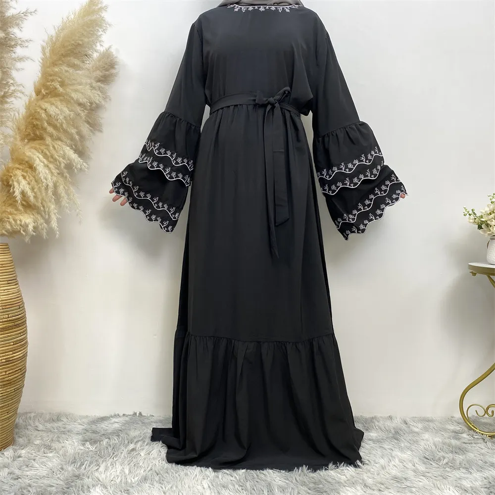 Fashionable Petal Sleeve Dress With Embroidery And Slim Fit - Black