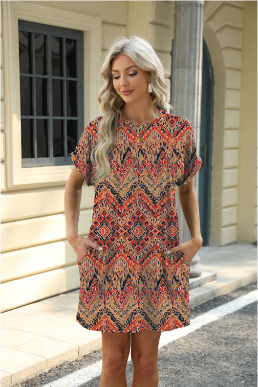 Loose Crew Neck Short Sleeve Printed Pocket Dress