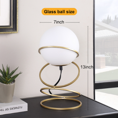 13.5 H Glass Globe Matte Gold Spiral 4 Ring Metal Stand Table Lamp For Living Room, Nightstand Bedside Table Lamp For Bedroom, LED Lamp