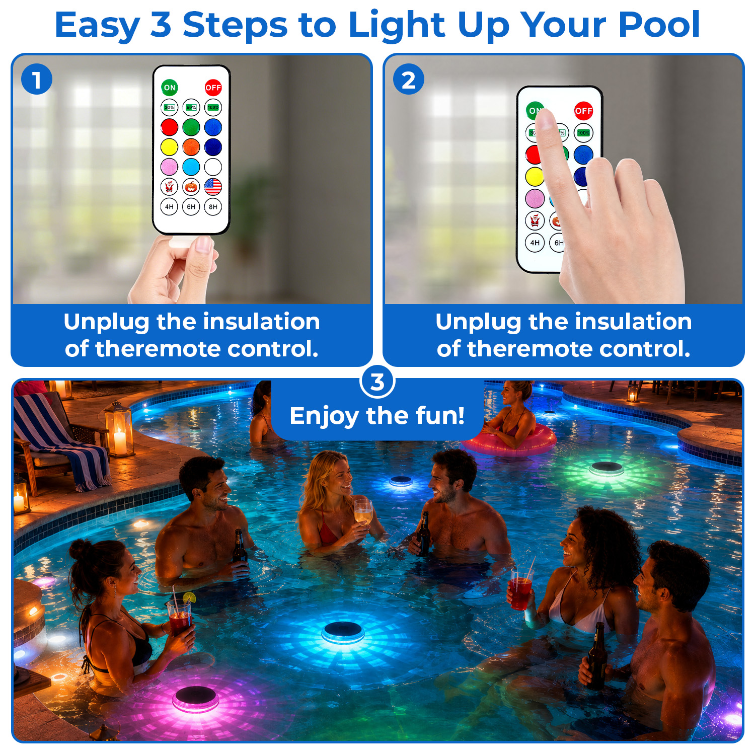 Solar Rechargeable Floating Pool Lights-2 Pack, Pool Lights That Float With Remote Control, 9 Lighting, Timing Mode, IPX7 Waterproof For Inground Pool, Bathroom, Bathtub, Pool Party — foto 4