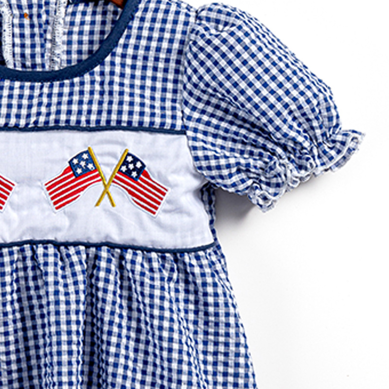 Girls Independence Day Festive Embroidered Plaid Short Sleeve Dress
