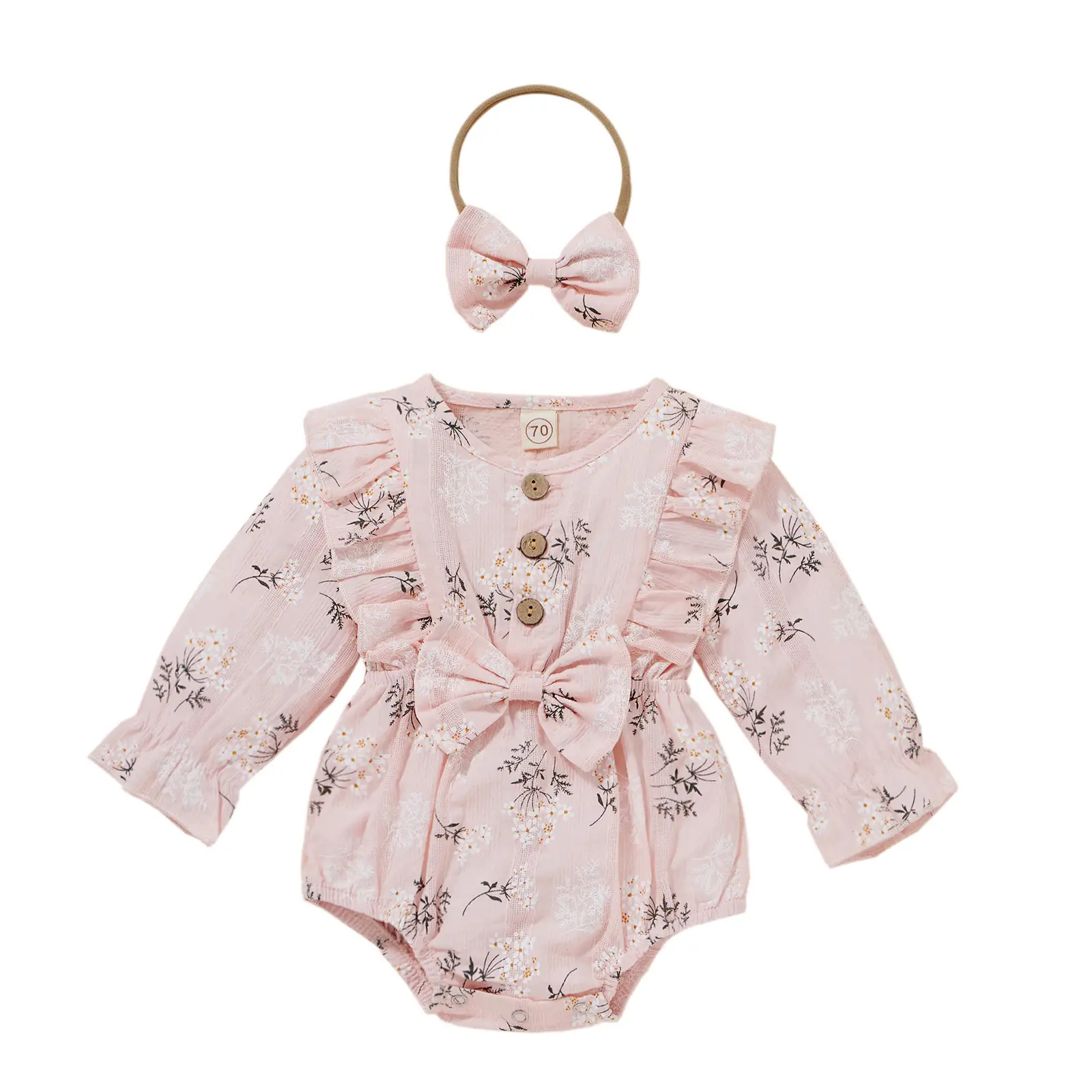 Girl's Long Sleeve Sweet Cute Three-color Cotton Jacquard Flounced Sleeve Triangle Rompers