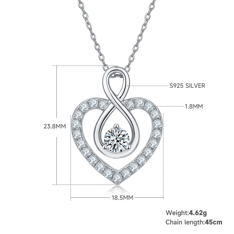 4.6g S925 Sterling Silver 1CT Moissanite Infinity Heart Necklace 45cm  23 Stone Pave Pendant With GRA, Platinum Plated Romantic Gift Box Set For Women