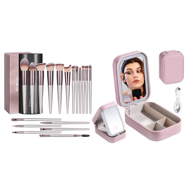 Makeup Brushes With Case Set Portable LED Mirror Makeup Jewelry Storage Case Tra