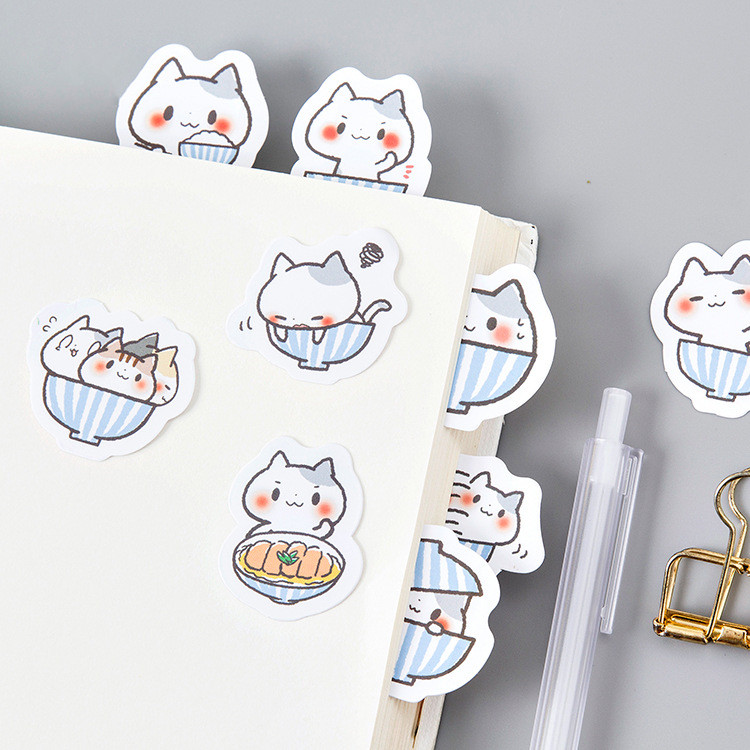 A Bowl of 50 Cat Stickers | Cat & Asian Food Themed