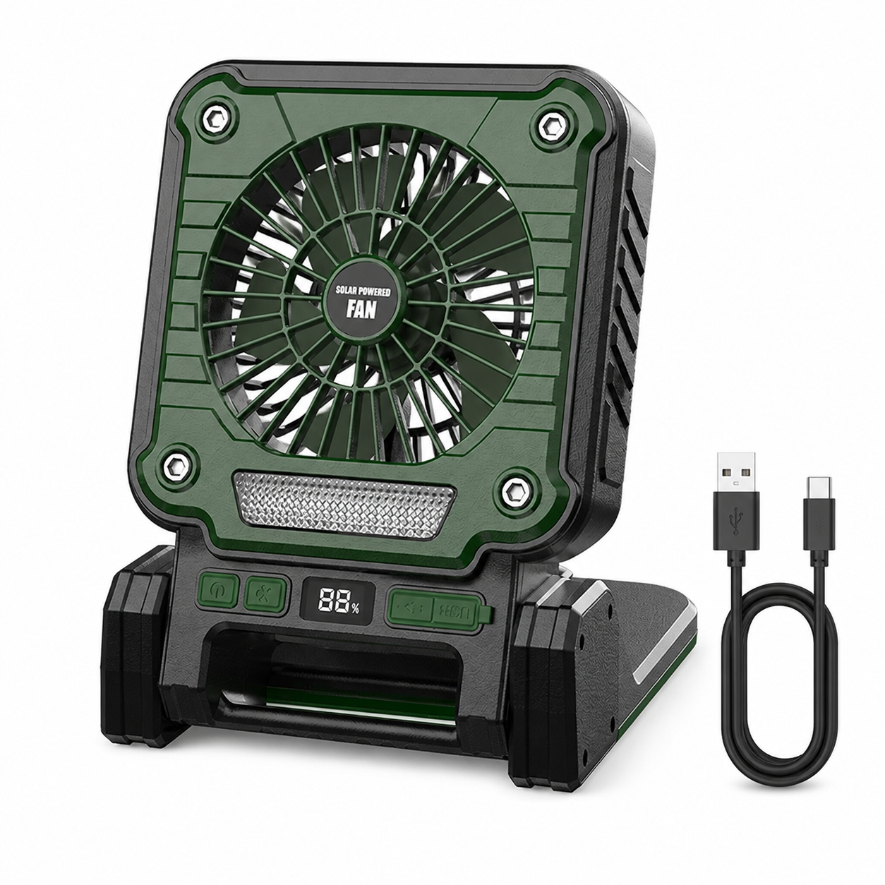 Solar Powered Rechargeable Battery Display Power Bank Function Portable Fan F3 Green Camping Lantern
