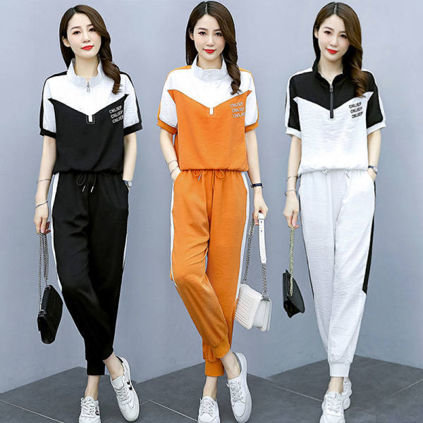 Fashion Color Contrast Stitching Suit Leisure Sports Age Reduction Two-piece Female