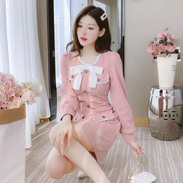 French Retro Slim Corduroy A line Dress Pink - Shop at LoveMi