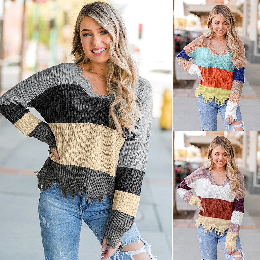 Title 5, Baumwollpullover im Colorblock-Design mit V-Aus...