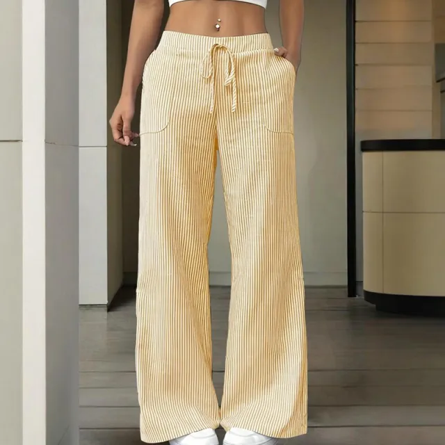 Women's Striped Wide Leg Pants With Pockets & Tie Waist Detail Casual Minimalist Trousers Yellow - Shop at LoveMi