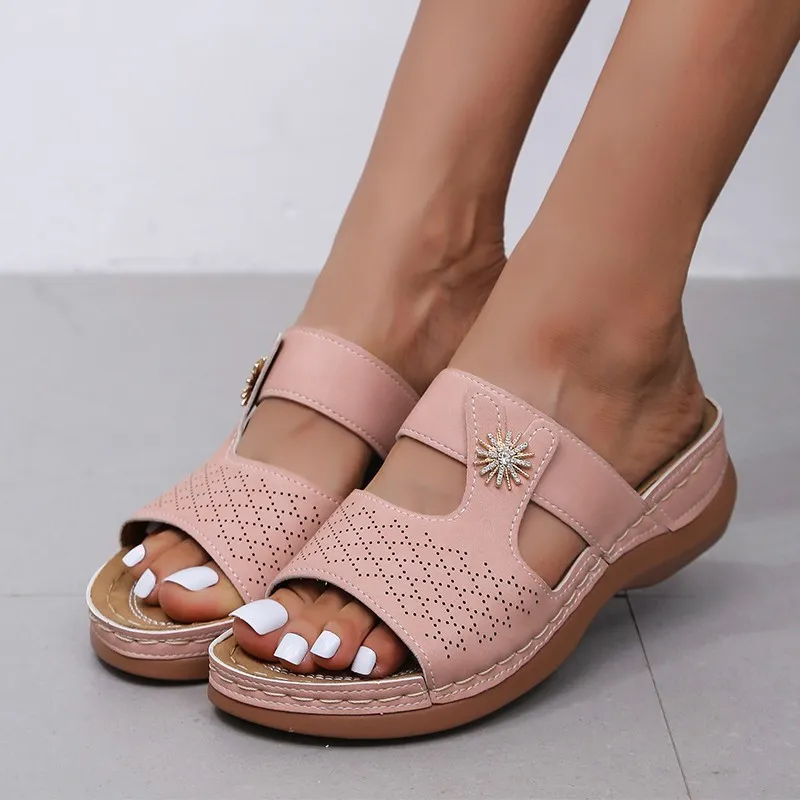 Casual Slippers Women's New Thick Bottom Wedges With Flowers Sandals - Pink