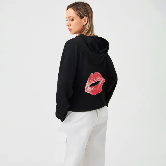 Solid Color Red Lip Print Stylish Loose fitting Hoodie Black - Shop at LoveMi