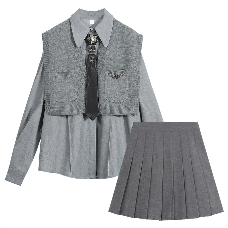 Title 1, Damen Strick-Shirt-Shawl-Set mit plissiertem Ro...