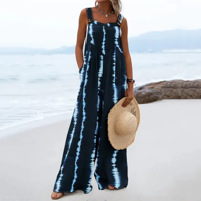 Print Sleeveless Loose Casual Sling Jumpsuit Wide Leg Pants Blue - Shop at LoveMi