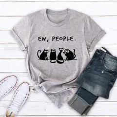 Cat Ew People Loose Round Neck Short Sleeve T-shirt - Grey - View 1