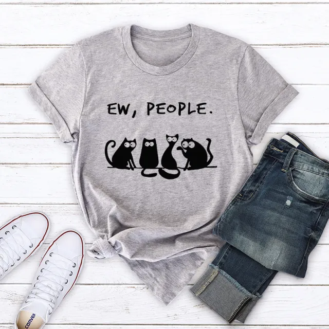 Cat Ew People Loose Round Neck Short Sleeve T shirt Grey - Shop at LoveMi