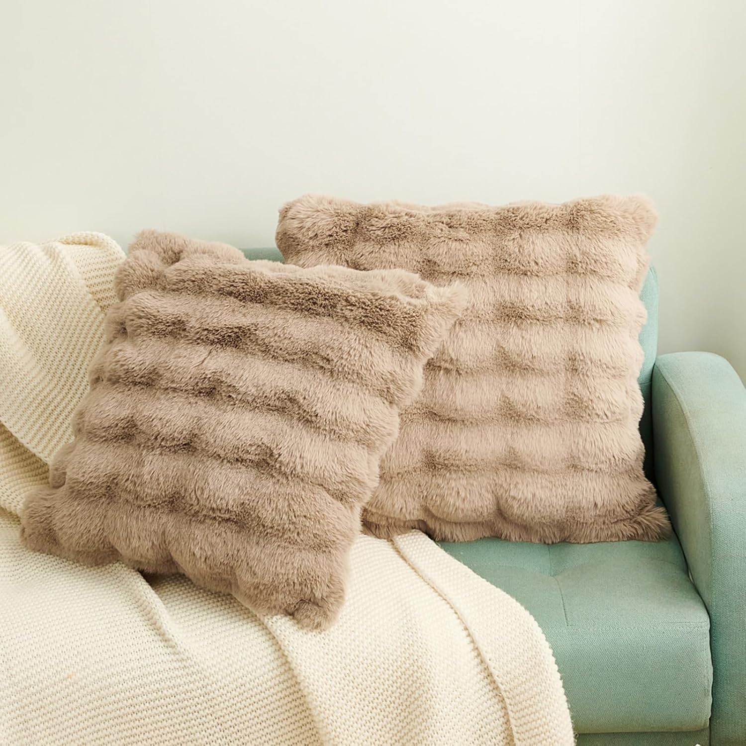 Faux Rabbit Fur Pillow Covers 2 Pack, 18x18 Inch Soft Fluffy Decorative Cushion Cases For Bedroom, Sofa, Recliner And RV, Taupe