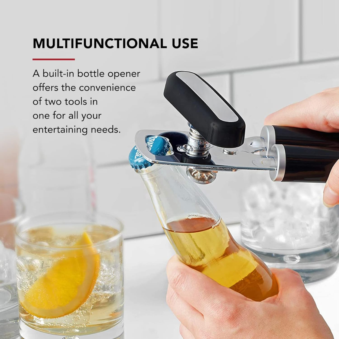 Classic Multifunction Can Opener And Bottle Opener Easy To Use, Razor Sharp Stainless Steel Cutting Wheel, Soft Ergonomic Handles, Black 4