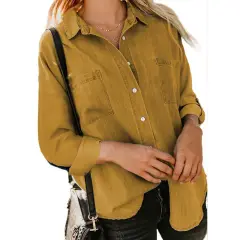 Women's Denim Coat Loose Double Pocket Long Sleeve Casual Shirt - Yellow - View 1