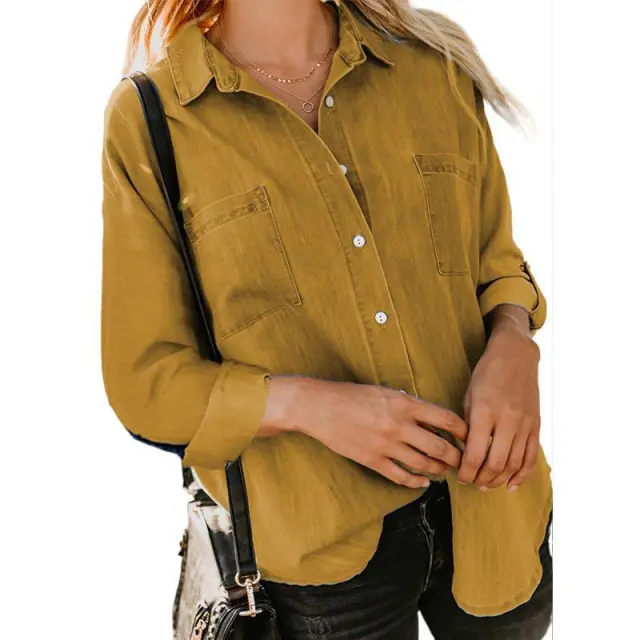 Women's Denim Coat Loose Double Pocket Long Sleeve Casual Shirt Yellow - Shop at LoveMi