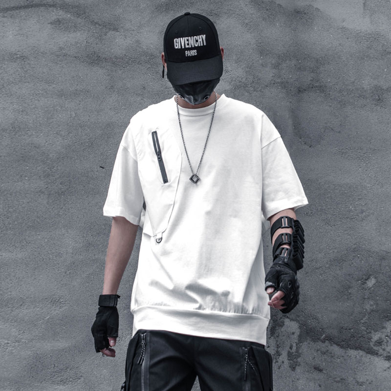 Fashionable Stitching Functional Zipper Short Sleeved T-shirt