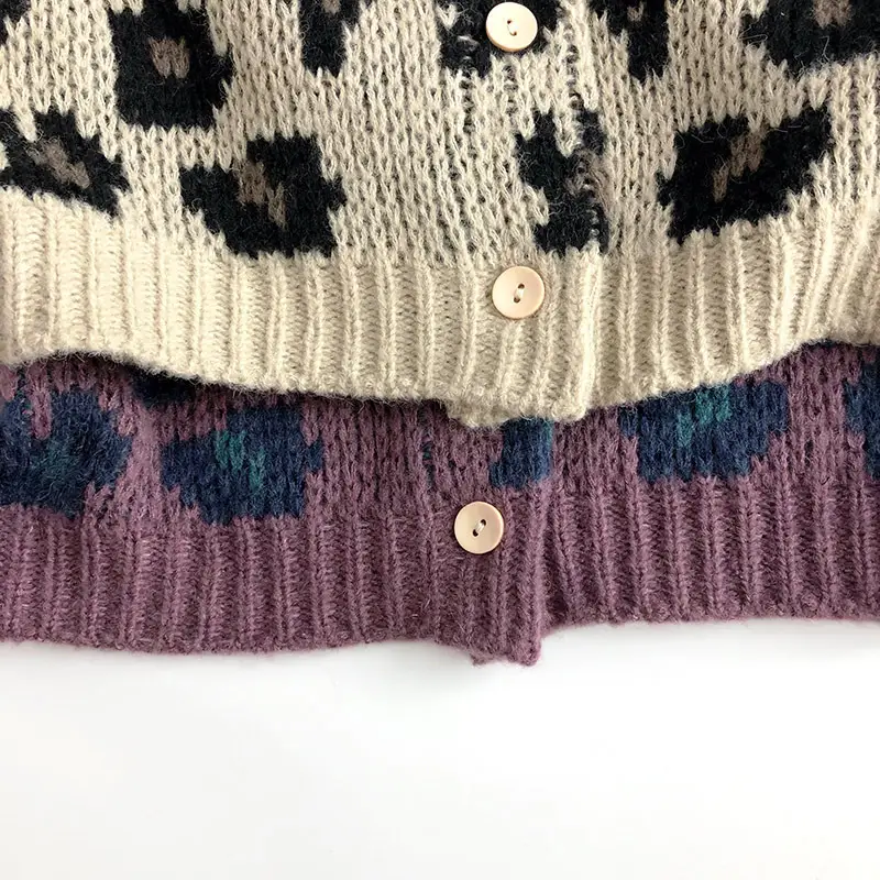 Super Versatile Leopard Print Cardigan Mohair Korean Style Spring And Autumn Kids' Sweater Knitted V-neck