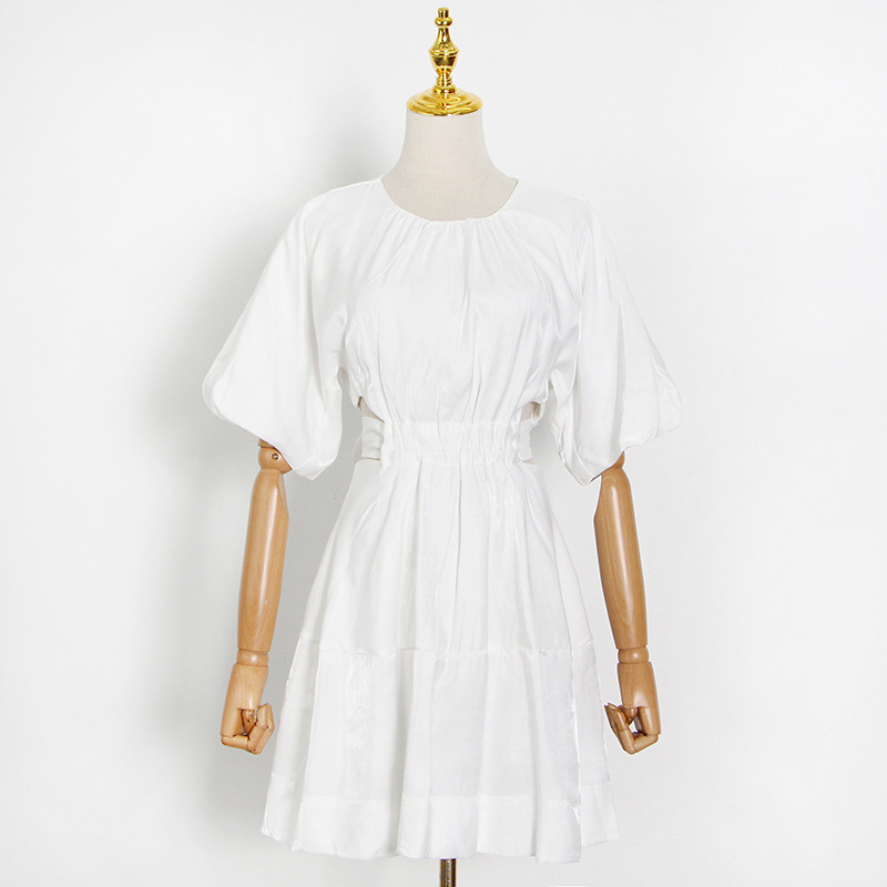 Solid Color Round Neck Lace-up Waist Stitching Dress