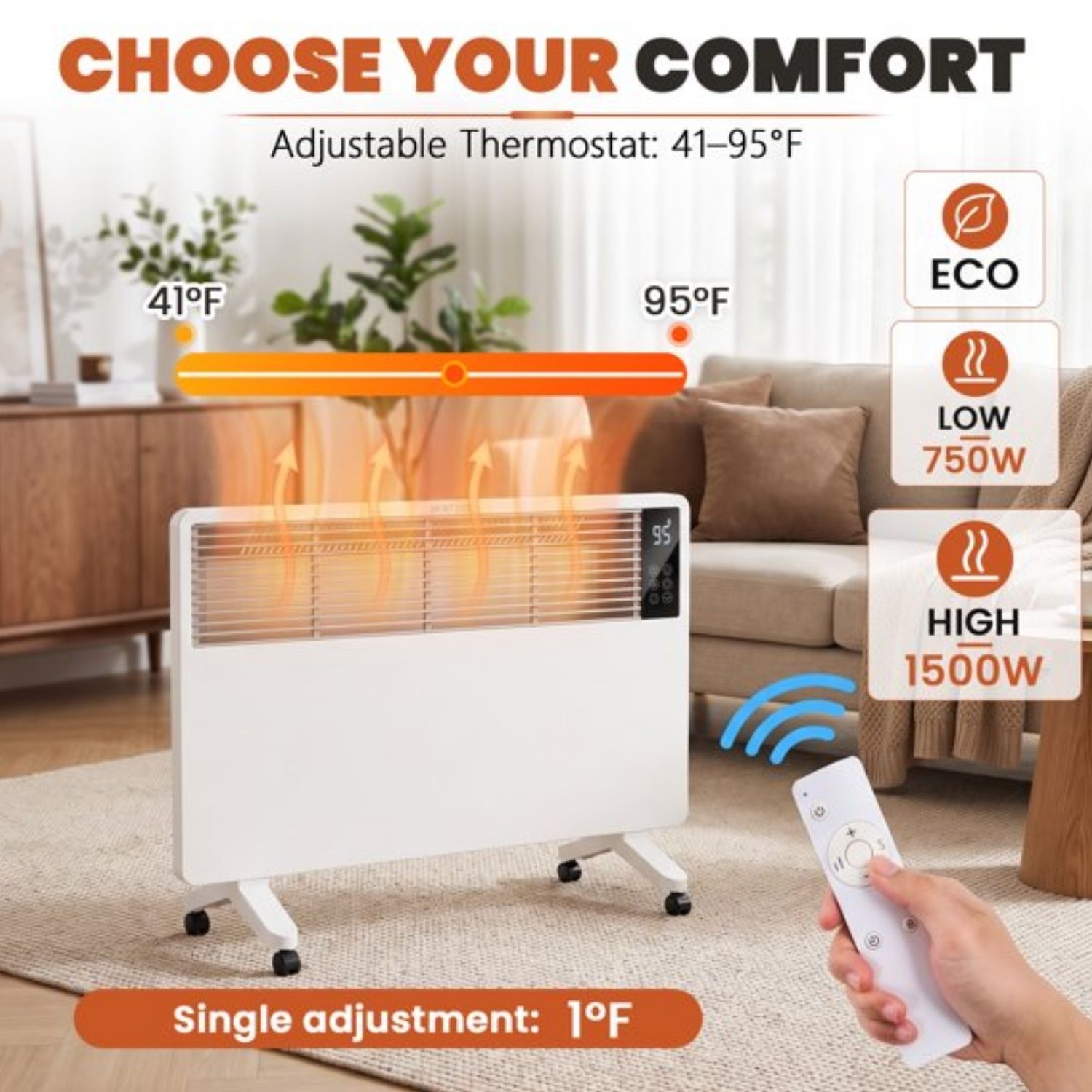 Panel Convection Heater, 1500W, Remote Control, Wall Mount And Freestanding, 25H Timer, Overheat And Tip-Over Protection image 8