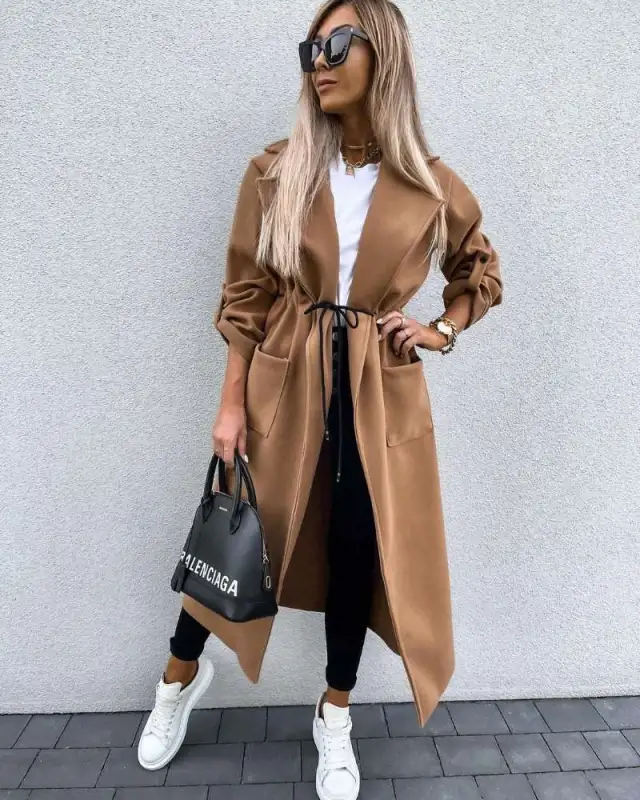 Autumn And Winter Long sleeved Button turned collar Polyester Jacket Khaki - Shop at LoveMi