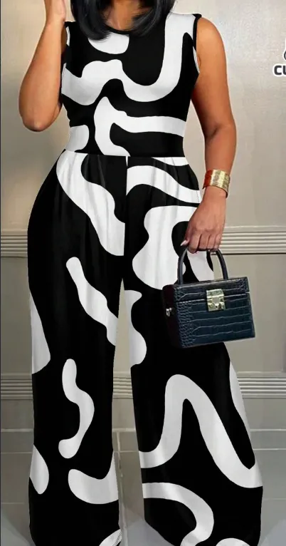 Casual Geometric Pattern Plus Size Jumpsuit With Sleeveless Top, Summer Black - Shop at LoveMi
