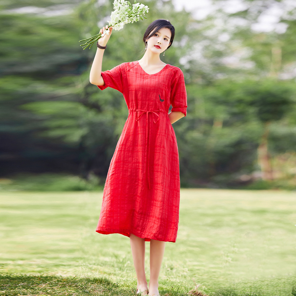 Women's V-Neck Jacquard Embroidered Literary Cotton And Linen Long Dress — image 1