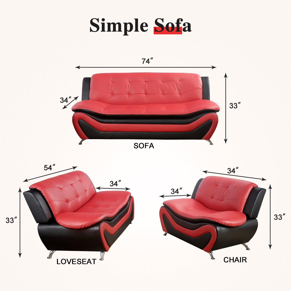 Pickup Only--Black & Red Faux Leather 3-Piece Couch Living Room Sofa Set