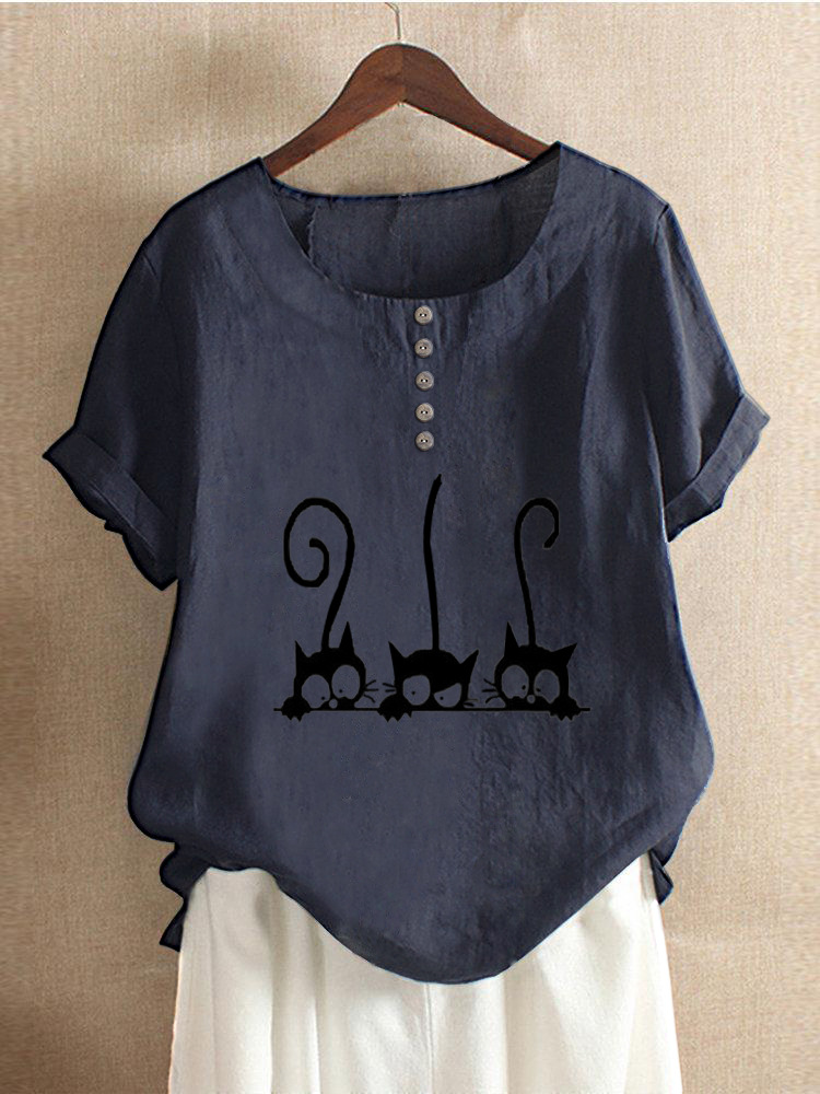 New Fashion Cat Print Round Neck Loose T Shirt Blue - Shop at LoveMi