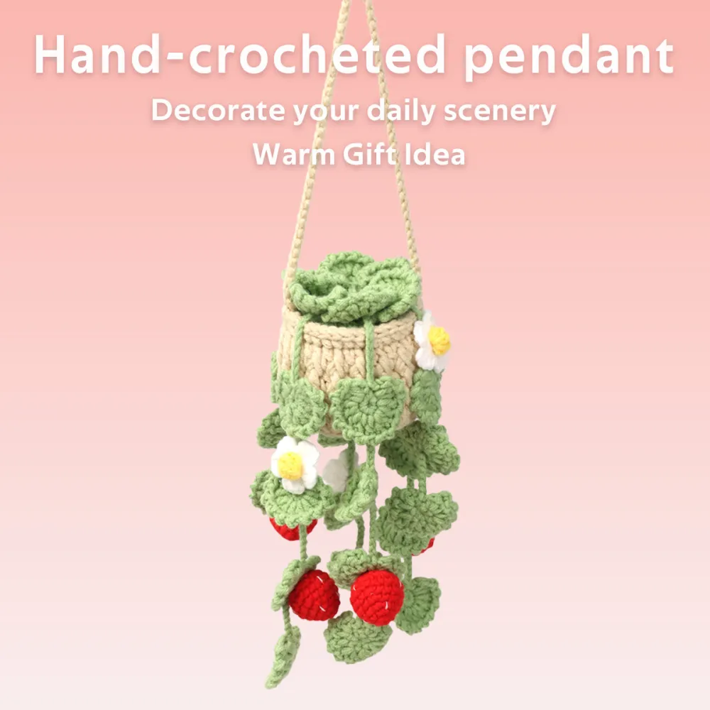 Handmade Crochet Hanging Potted Ornament With Trailing Strawberry Decorations And White Blossoms Everlasting Soft Yarn Crochet Flower Indoor Home Hanging Decor