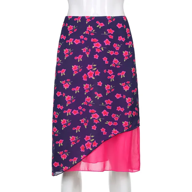 New Women's Plum Blossom Print Chiffon Slim Slimming Skirt Long Skirt Pink - Shop at LoveMi