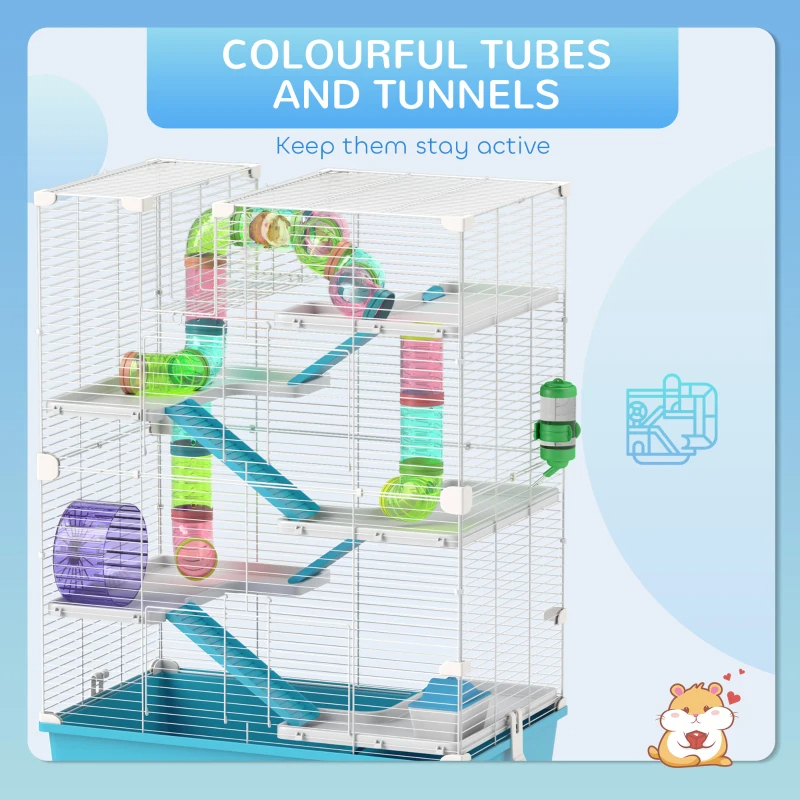 PawHut 6 Tier Hamster Cage With Tubes And Tunnels, Hut, Wheel, Food Dish, Water Bottle, Ramps, For Dwarf & Gerbil, Light Blue