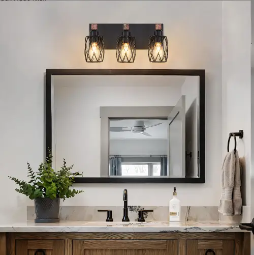 18inch Industrial Vintage 3-Light Wall Sconce - Black Cage Wall Lighting Fixture With Wooden Accents For Bathroom, Hallway, Or Living Room Bulb Not Included