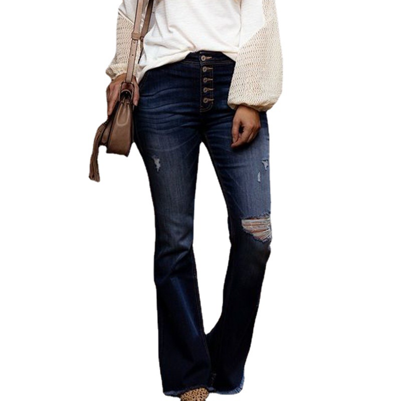 Ripped High rise Stretch Slim fit Flared Jeans Blue - Shop at LoveMi